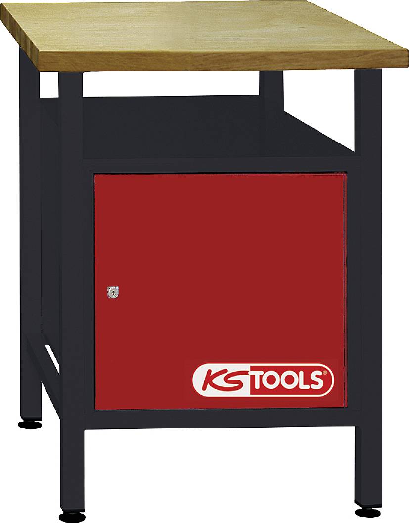 Werkbank mit rot-schwarzem Schrank, Holzplatte oben, Markenlogo 'KS TOOLS' auf der Tür.