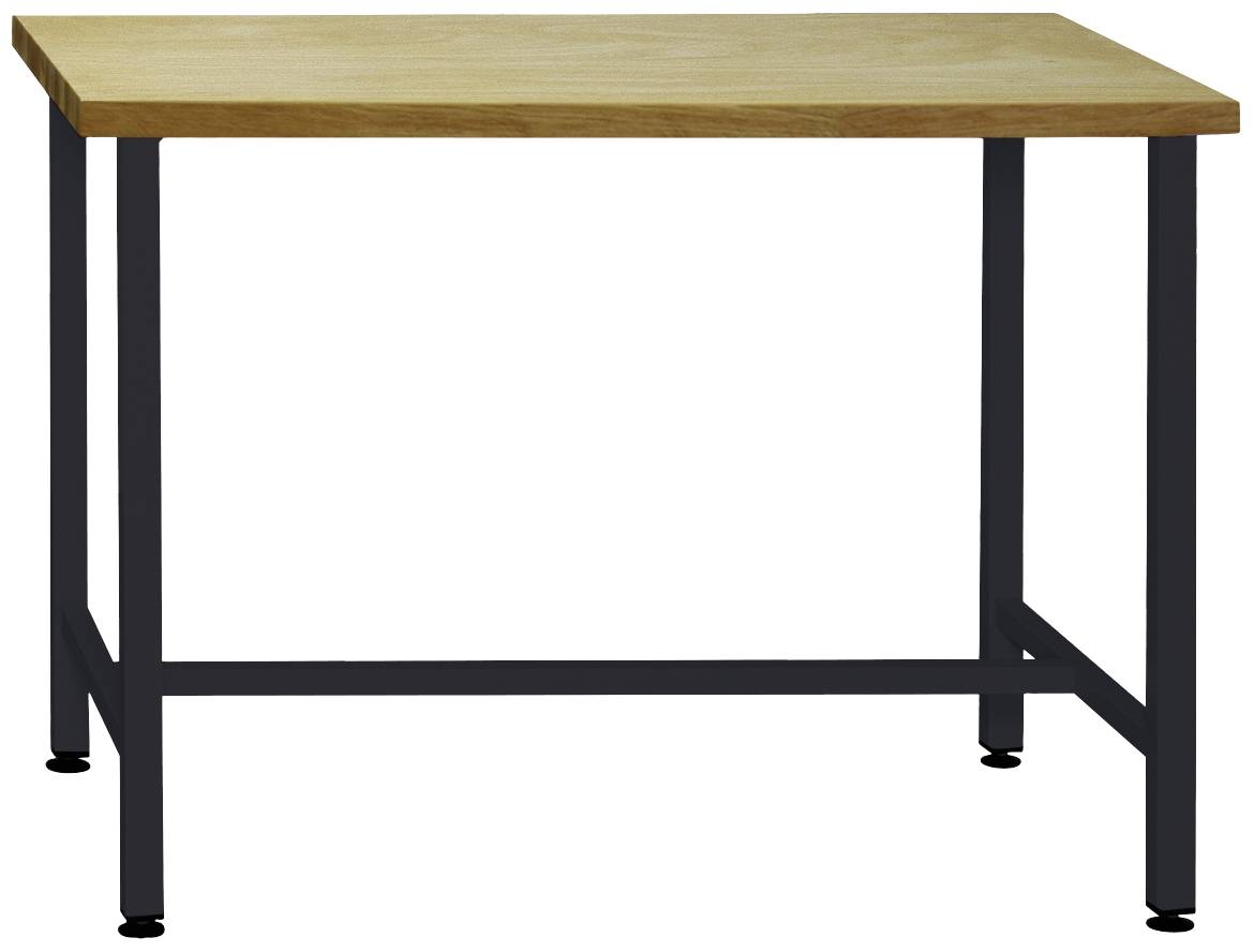 Ein minimalistischer Tisch mit einer hellbraunen Holzplatte und einem schwarzen Metallgestell, geeignet für moderne Einrichtung.