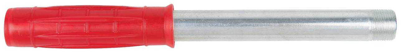 Roter Kunststoffgriff mit silbernem Metallrohr, möglicherweise Teil eines Werkzeugs.