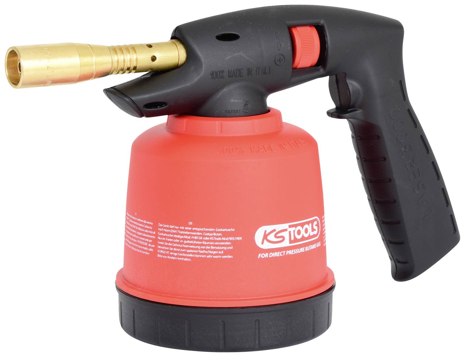 Ein rotes Gaslötgerät mit schwarzem Griff und Messingbrenner, beschriftet mit 'KS Tools'. Ideal für handwerkliche Arbeiten und Reparaturen.