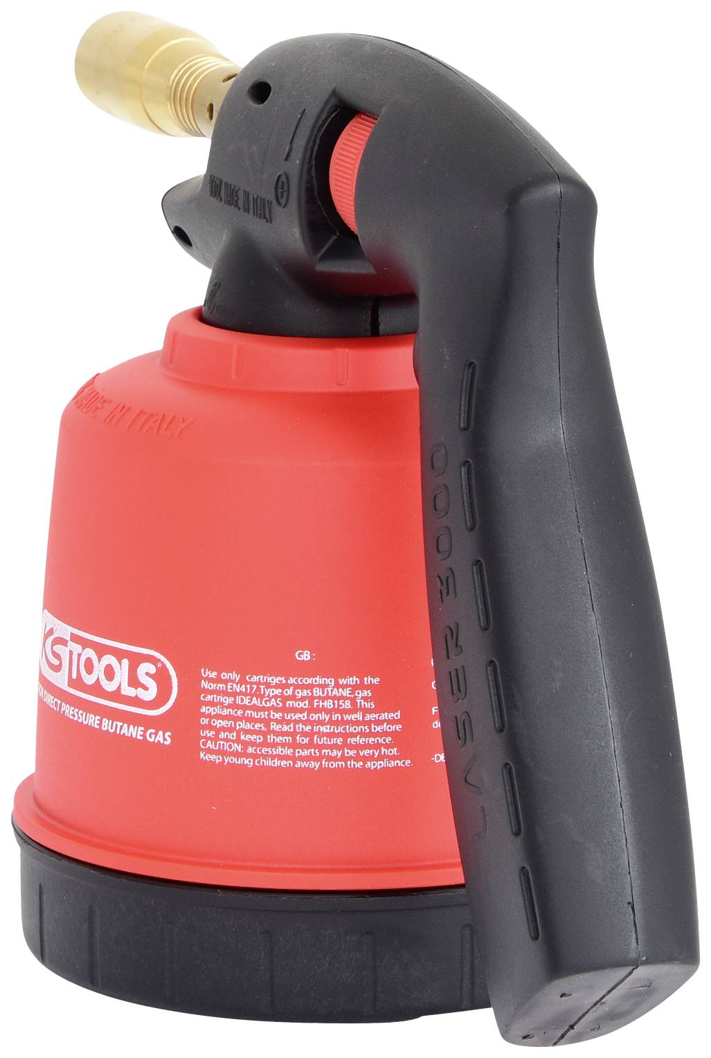 Roter Hand-Gasbrenner mit schwarzem Griff und Messingdüse, geeignet für Butangas; Markenname nicht lesbar.