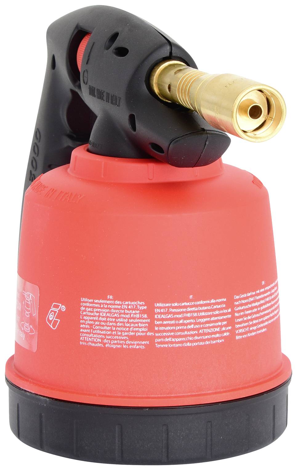 Roter Gasbrenner mit schwarzem Griff und Messingaufsatz, geeignet für Handwerksarbeiten.