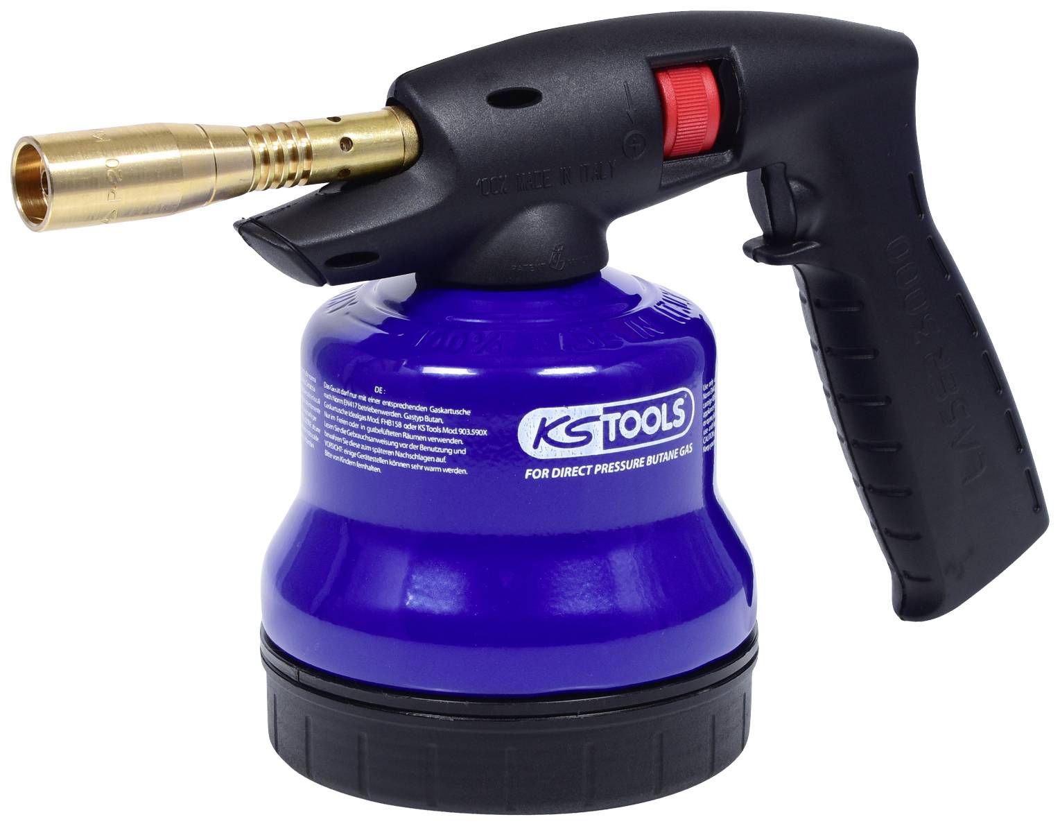Lötlampe mit blauem Tank und schwarzem Griff. Eignet sich zum punktuellen Erhitzen. 'KS Tools' ist auf dem Tank aufgedruckt.