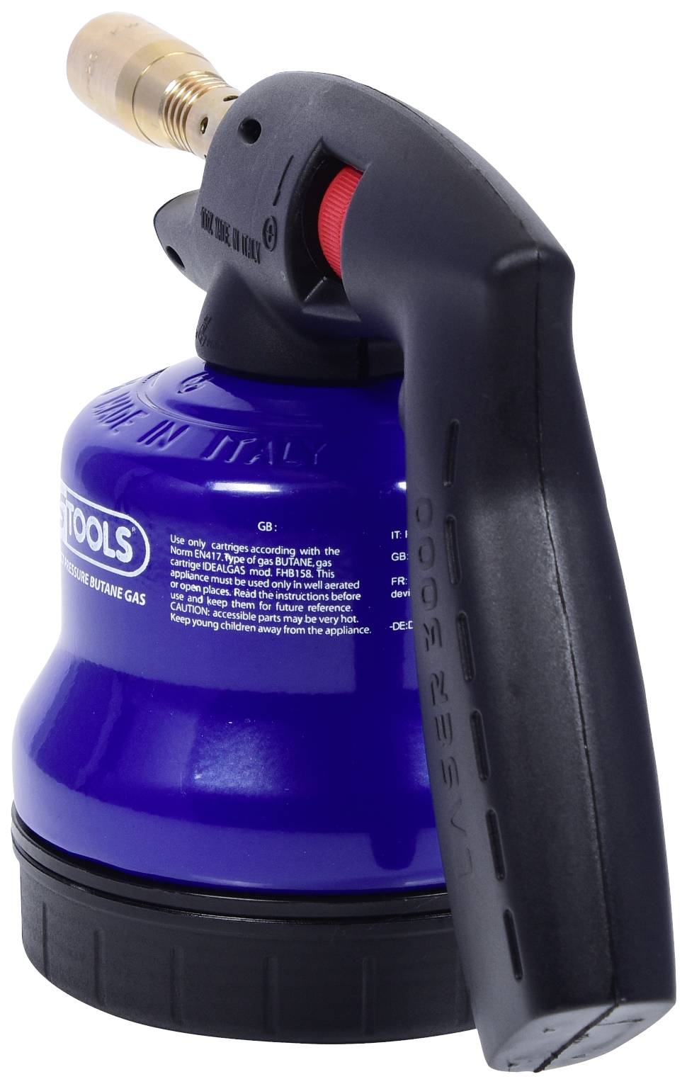 Ein blauer Butangasbrenner mit ergonomischem Griff, geeignet für Heimwerker- oder Industrieanwendungen.