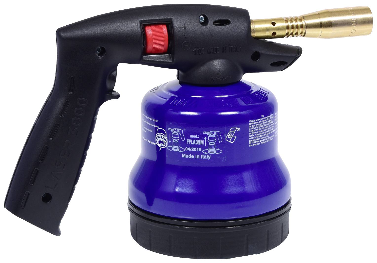 Ein blauer Gaskocher mit schwarzem Griff und rotem Auslöser, ideal zum Camping oder für Outdoor-Kochgelegenheiten.