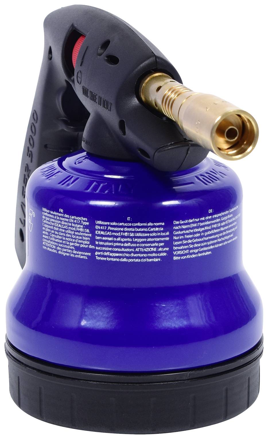 Ein blauer Gasbrenner mit einem schwarzen Griff und goldener Düse. Verwendet für Lötarbeiten oder Erhitzen von Materialien.