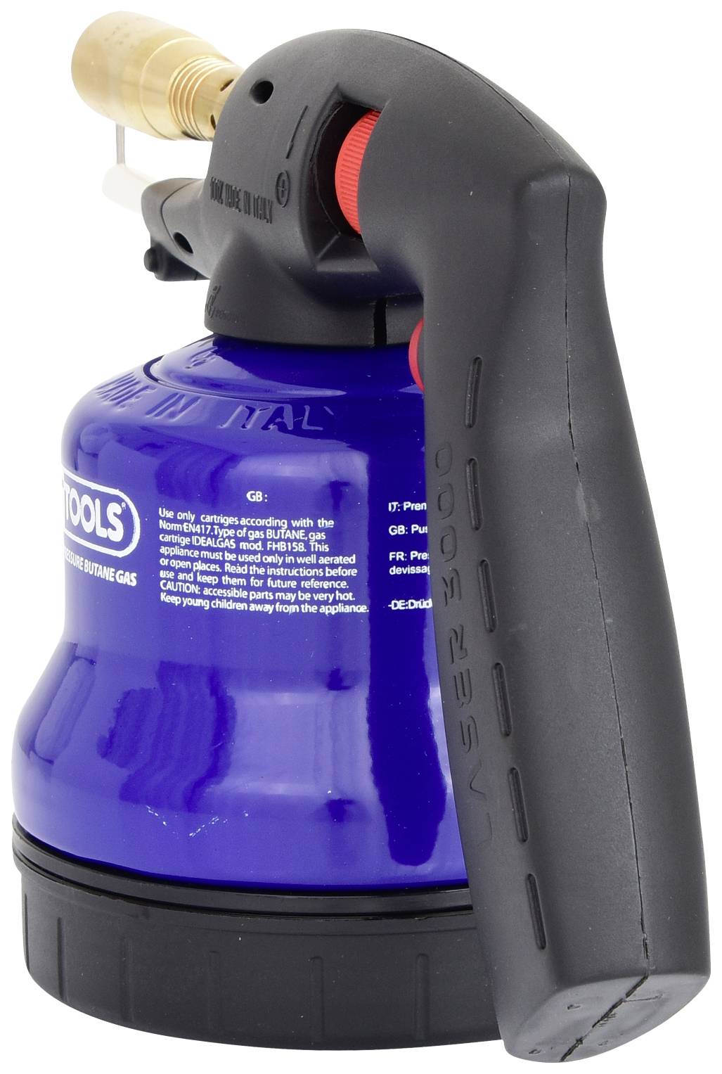 Ein blauer Handbrenner mit schwarzem Griff und einer Messingdüse oben, geeignet zum Löten oder für andere handwerkliche Arbeiten.