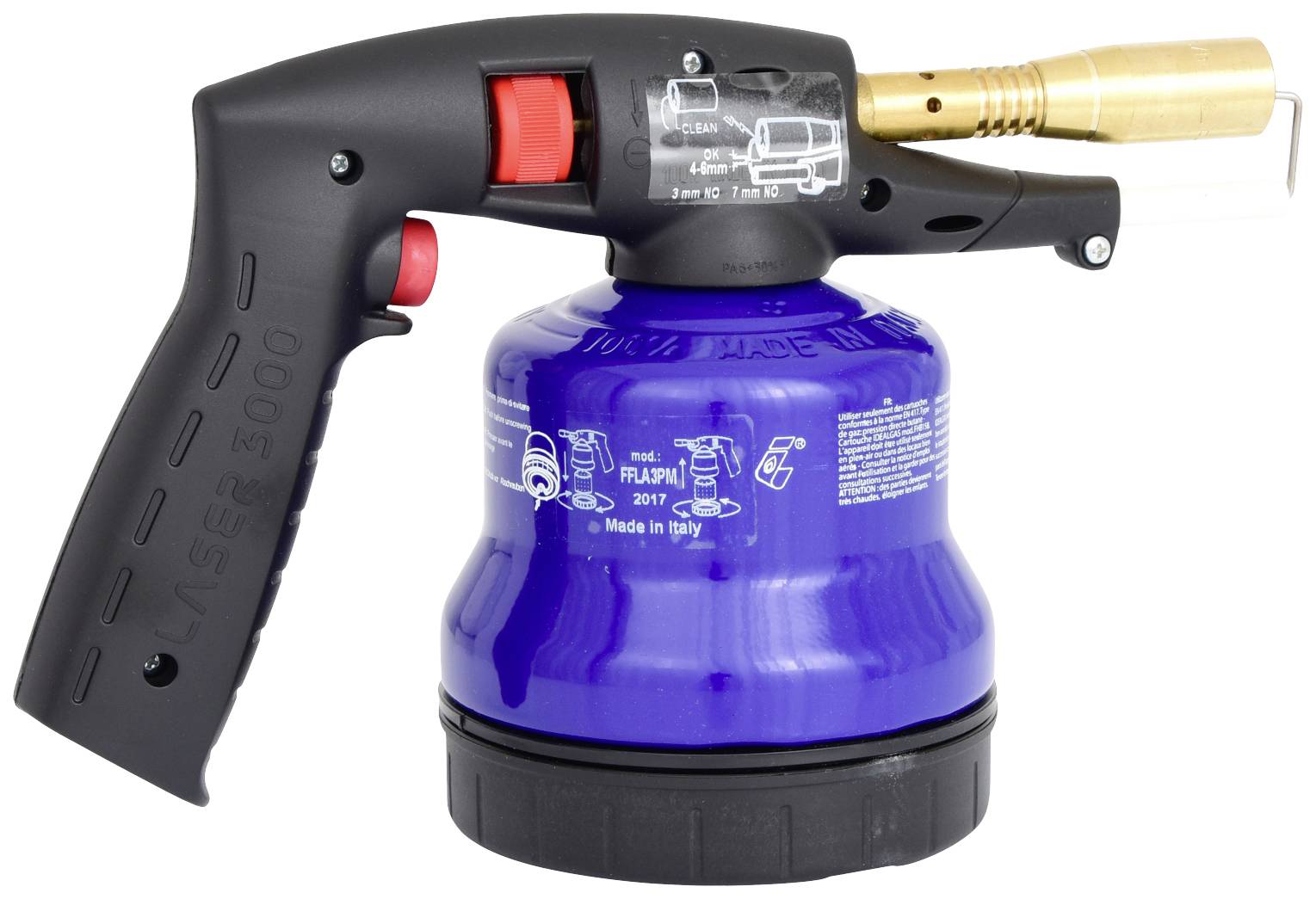 Blauer Butangasbrenner mit schwarzem Griff und rotem Knopf, geeignet für handwerkliche Anwendungen.