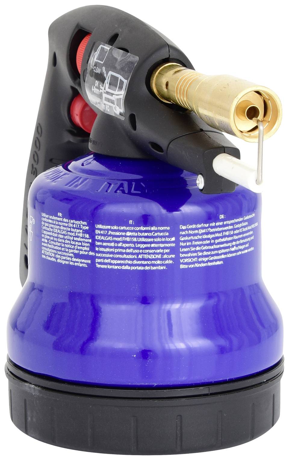 Ein blauer Gasbrenner mit schwarzem Griff und rotem Schalter, verwendet zum Löten oder Erwärmen, steht aufrecht auf einer weißen Fläche.