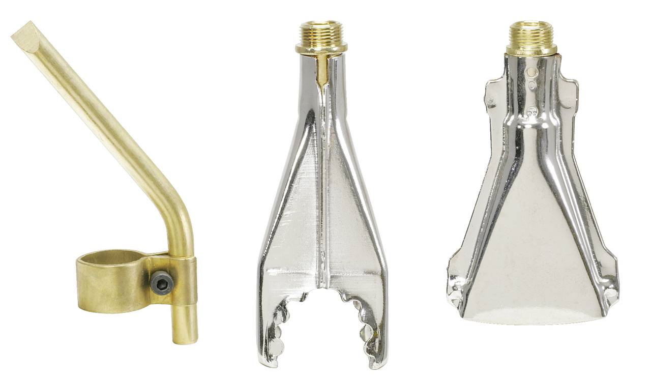 Drei verschiedene Rohrbrenner-Aufsätze aus Metall, jeweils mit unterschiedlichen Formen und Größeneinstellungen.
