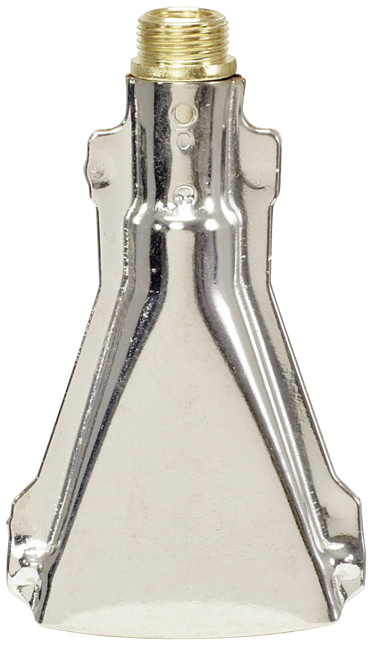 Ein silbernes Metall-Bauteil mit Messinggewinde oben, ähnlich einem umgedrehten kegelförmigen Adapter.