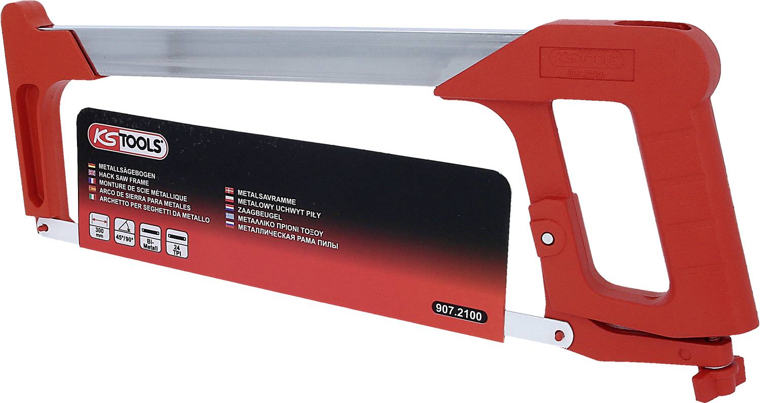 Metallsäge mit rotem Griff und einer Klinge, die für das Sägen von Metall geeignet ist. Markennamen und Produktspezifikationen sind aufgedruckt.