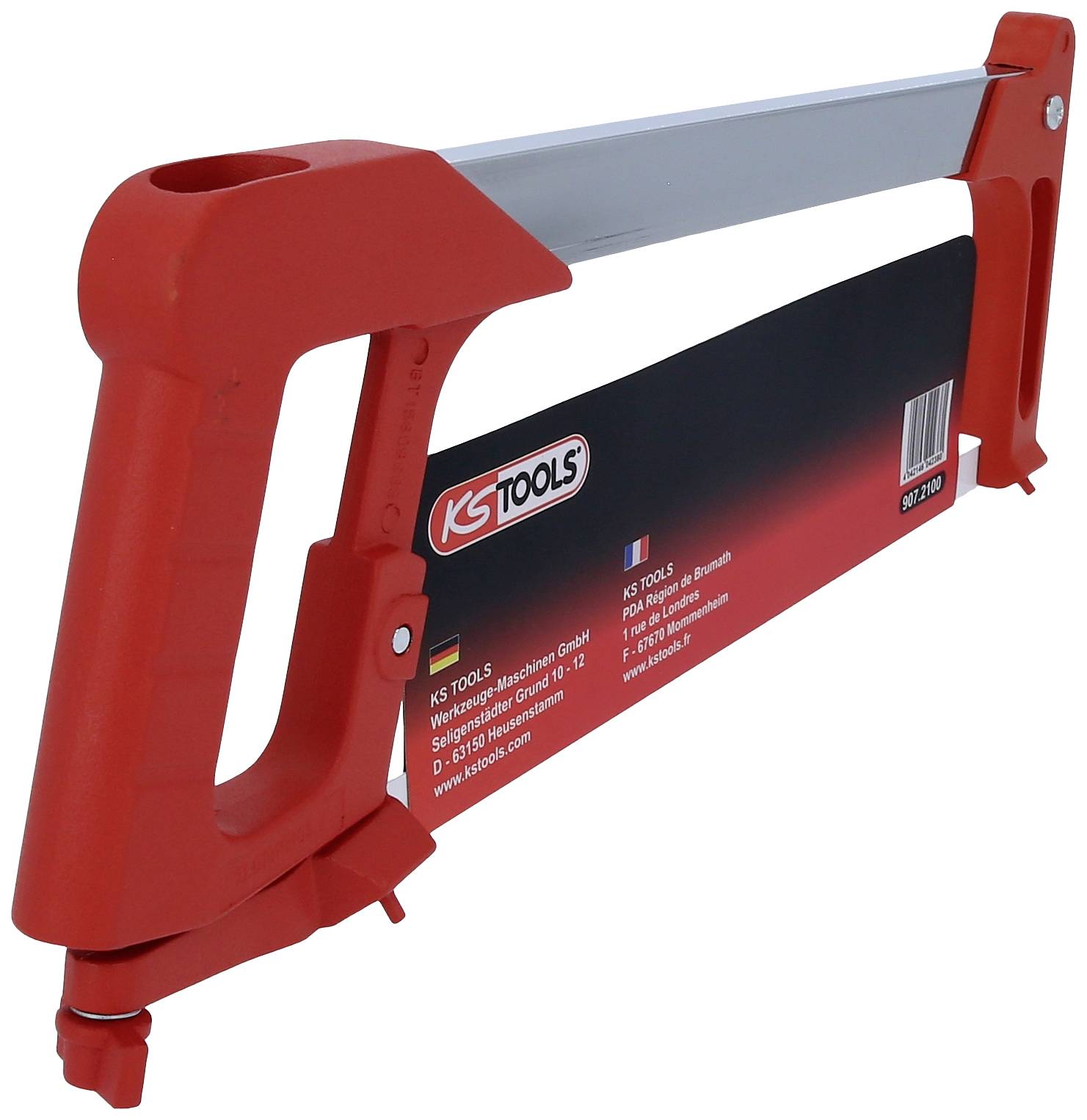 Eine rote Metallsäge von KS Tools mit einem stabilen Rahmen und Metallklinge, geeignet zum Schneiden von Holz oder Metall.
