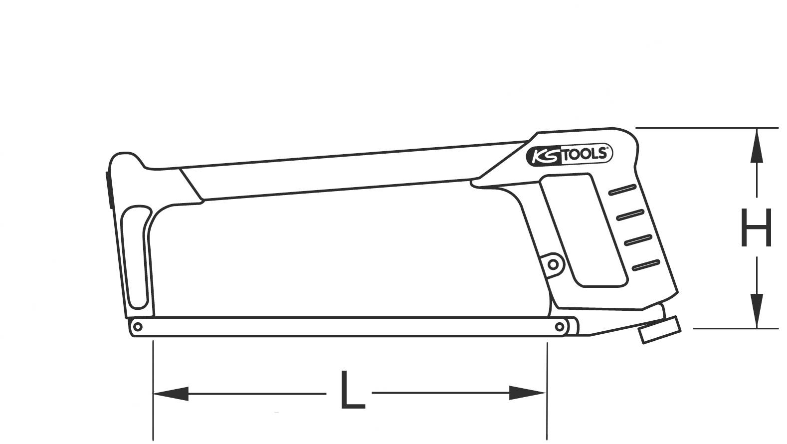 Bügelsäge mit ergonomischem Griff, Länge 'L', Höhe 'H', Marke 'KS Tools', technische Zeichnung.