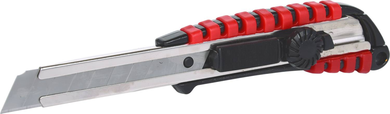 Ein rotes und schwarzes Cuttermesser mit einziehbarer Klinge.