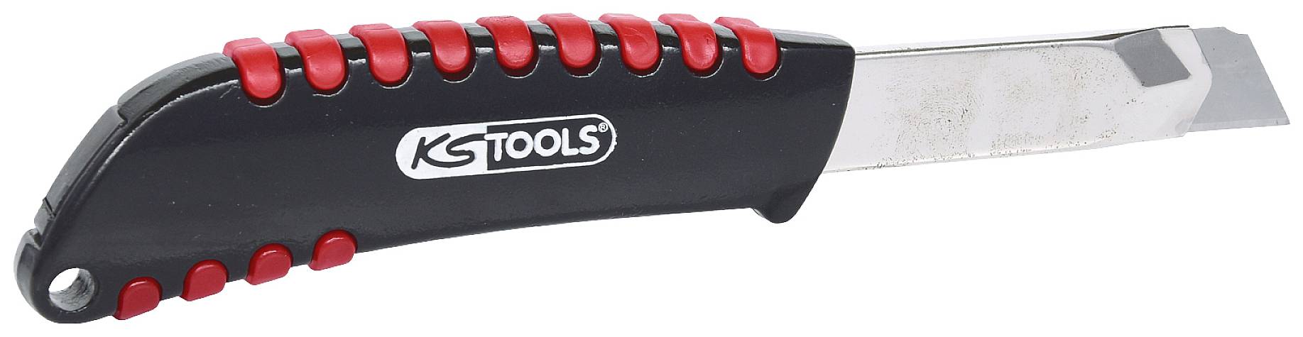 Ein Cutter-Messer mit schwarzem Griff und roten Akzenten, Logo 'KS Tools'. Schneidklinge liegt offen nach rechts.