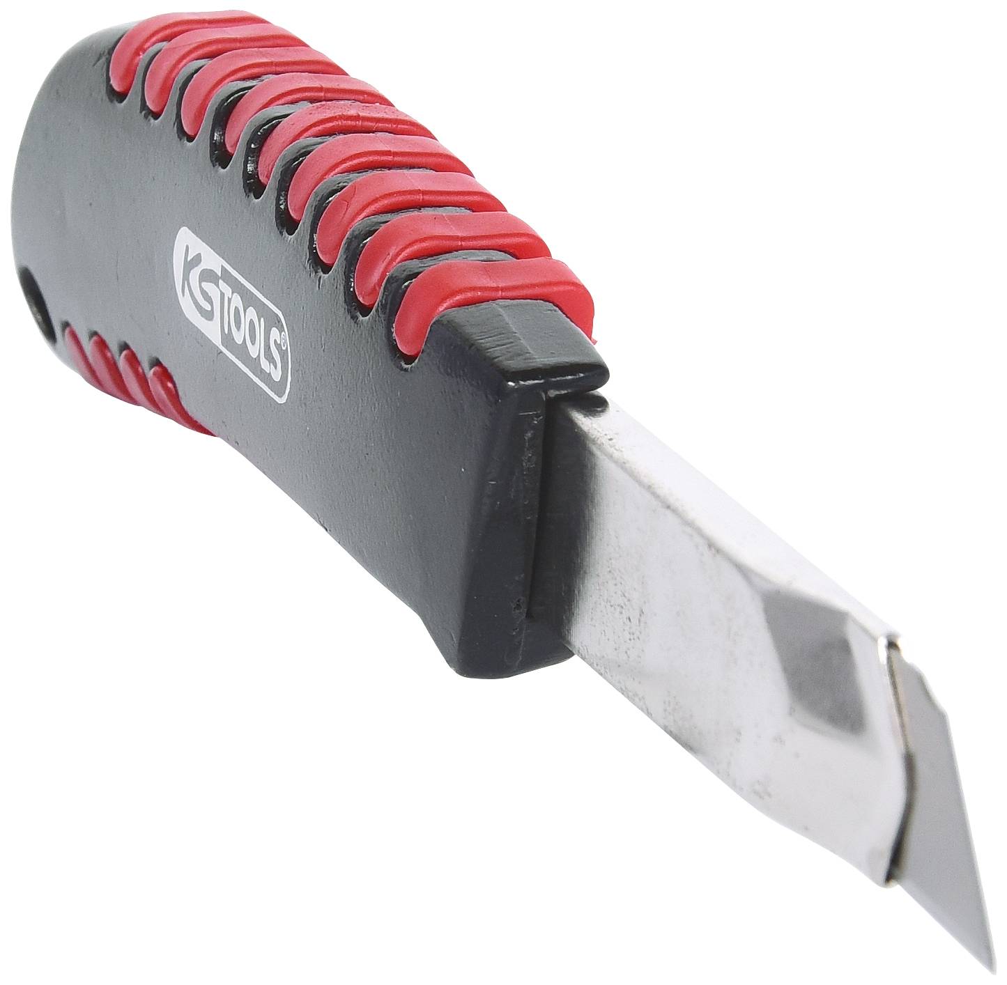 Ein schwarzer Cutter mit rotem Griff und sichtbar ausgefahrenem Klingen. Das Logo 'KS Tools' ist auf dem Griff abgebildet.