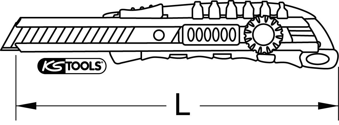 Zeichnung eines Cuttermessers mit dem Schriftzug 'KS TOOLS'. An der Seite ist eine Zahnstangenvorrichtung zu sehen.