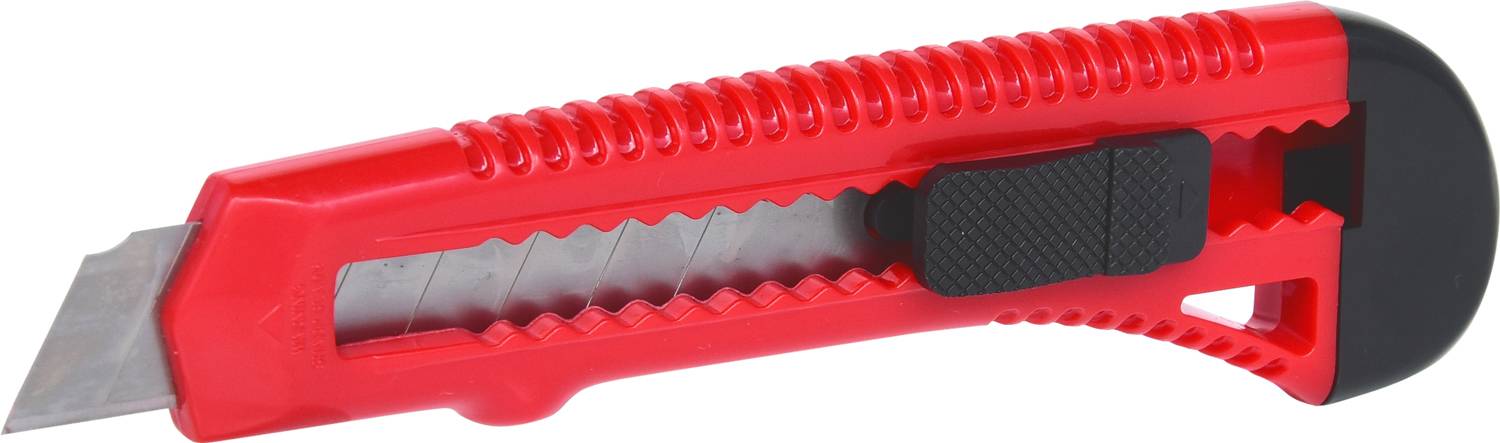 Ein rotes Teppichmesser mit ausfahrbare Klinge, schwarzem Schieber und gezahnter Kante zur sicheren Handhabung.