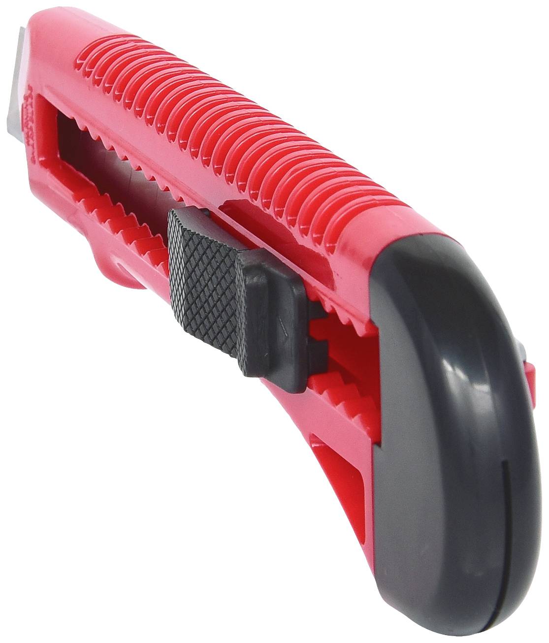 Rotes Cuttermesser mit schwarzem Schieber und ergonomischem Griff, Klinge teilweise sichtbar.