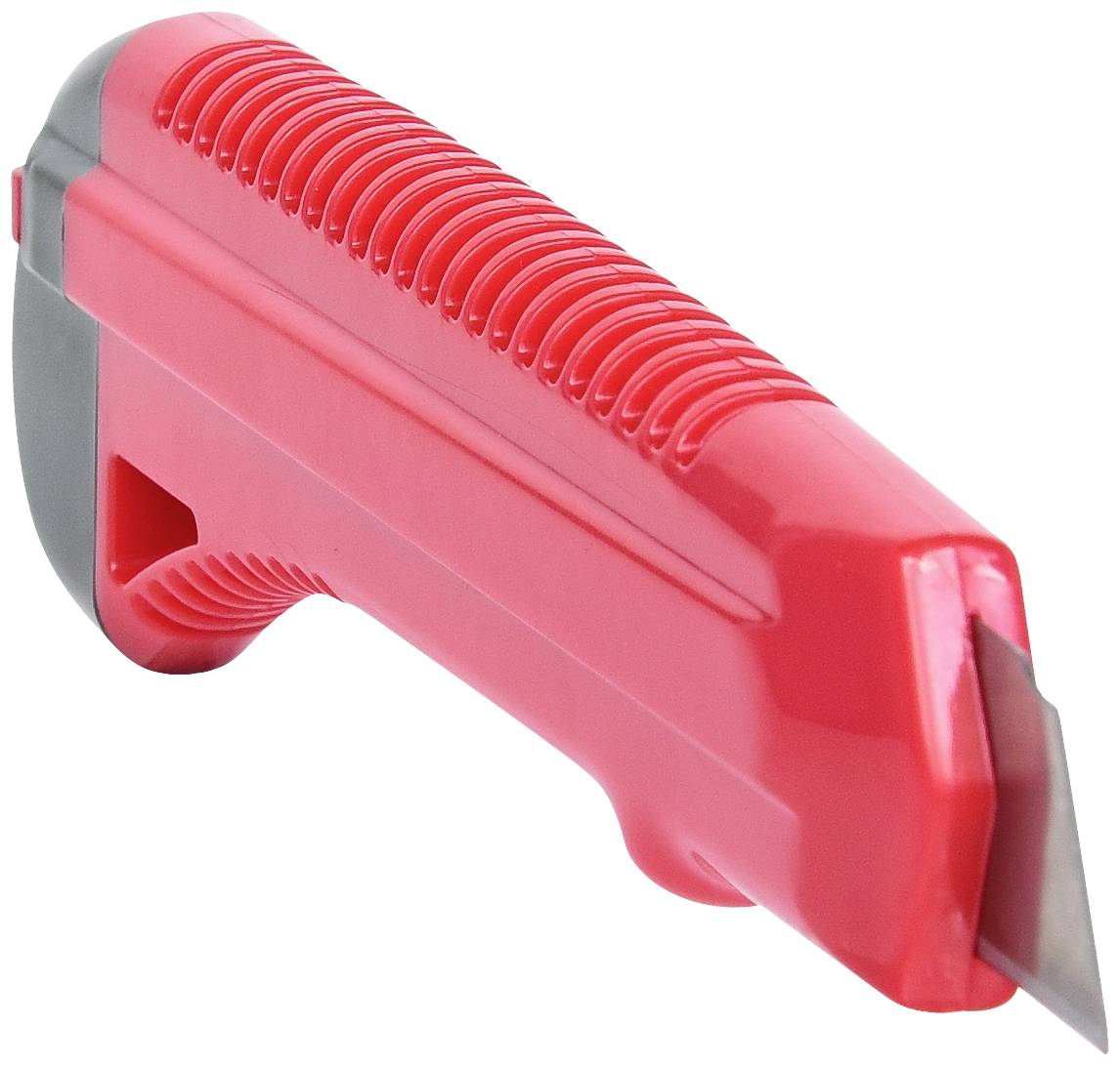 Rotes Universalmesser mit Griff aus Kunststoff, ausgefahrener Klinge, geeignet für Schneidearbeiten in Haushalt oder Büro.