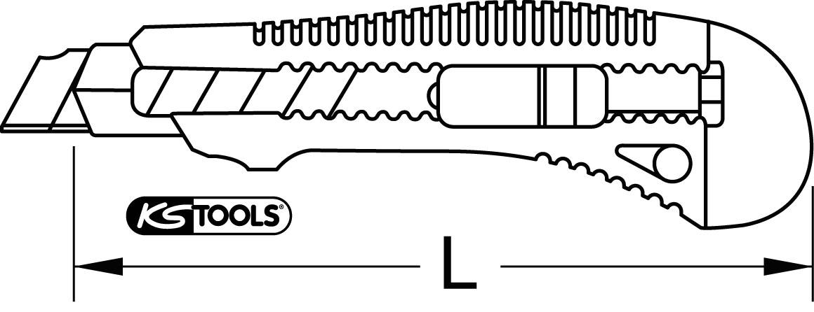 Cutter-Messer mit einziehbarer Klinge und gezahnter Griff, Marke KS Tools. Abmessungslinie zeigt Länge L mit Pfeilen an den Enden.
