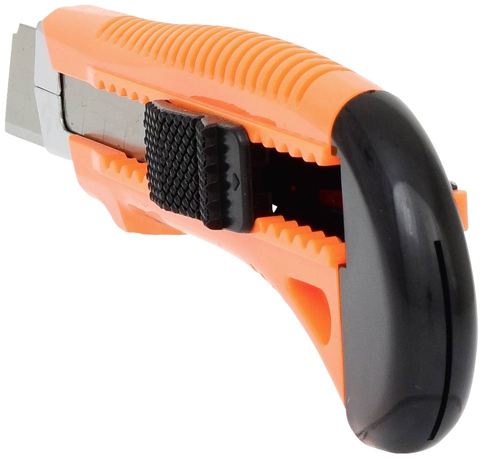 Ein orange-schwarzer Cuttermesser mit scharfer Klinge und gummiertem Griff, geeignet für präzises Schneiden von Materialien.