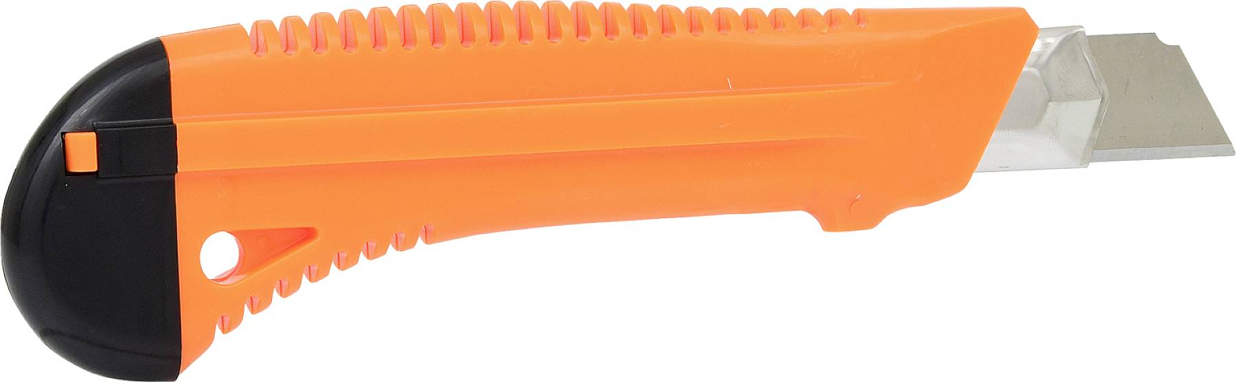 Ein orange-schwarzes Cuttermesser mit ausfahrbarer Klinge, geeignet für präzises Schneiden in Handwerks- und Bastelarbeiten.