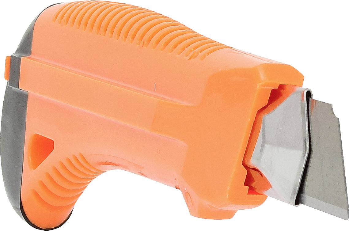 Ein orange-schwarzes Sicherheitsmesser mit ausziehbarer Klinge, ergonomischem Griff und Rillen zur besseren Handhabung.