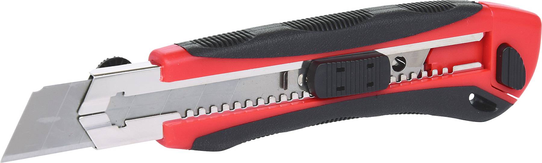 Ein roter Cutter-Messer mit ausfahrbarer Klinge und schwarzem Griff liegt auf einer weißen Oberfläche.