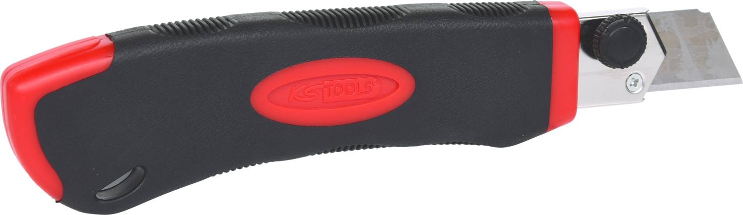 Ein schwarzes Teppichmesser mit rotem Griff und einziehbarer Klinge, ideal für präzise Schneidearbeiten.