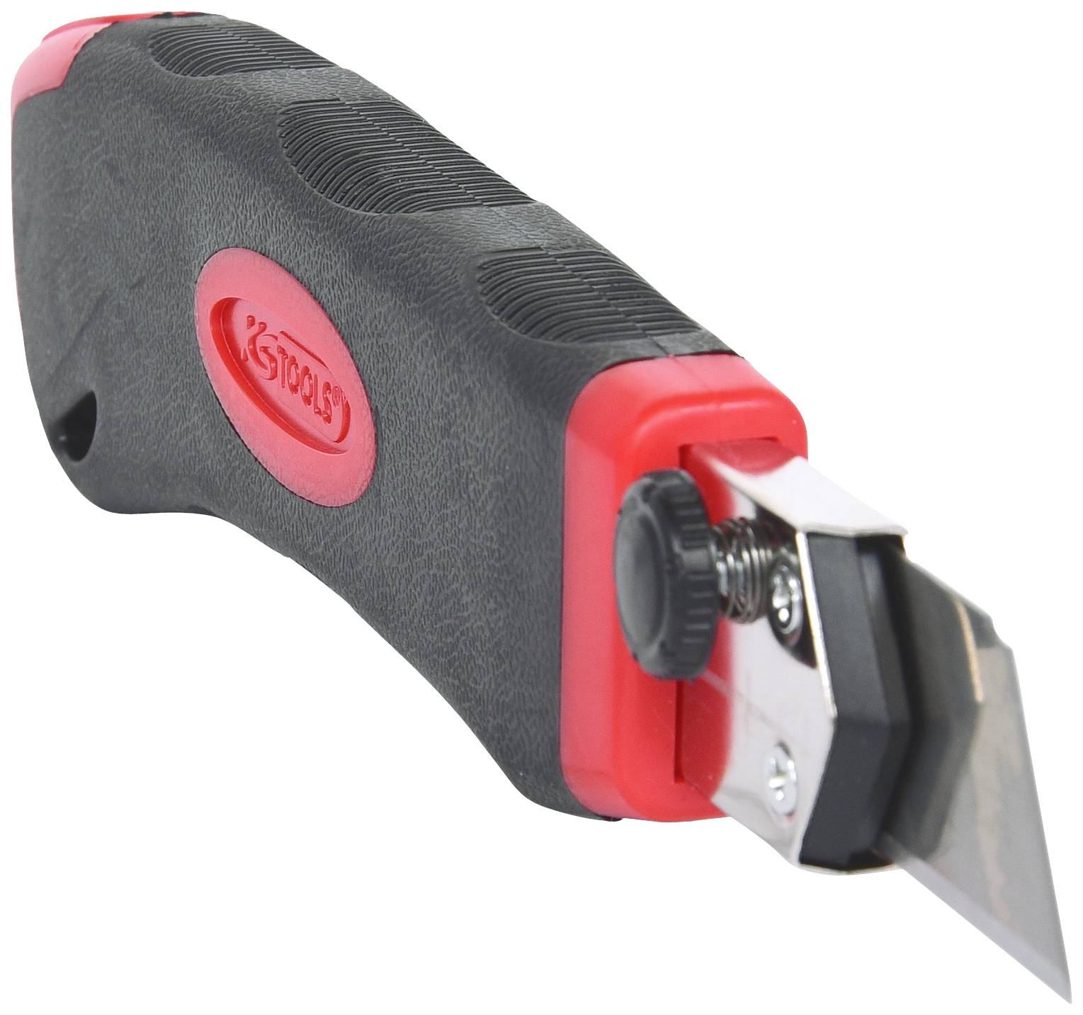 Ein schwarzes und rotes Universalmesser mit ausfahrbarer Klinge.