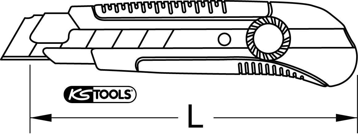 Abbildung eines Cuttermessers mit einem ausgezogenen Klingenmechanismus, seitlichen Grifftasten und dem Logo 'KS Tools' unten links.
