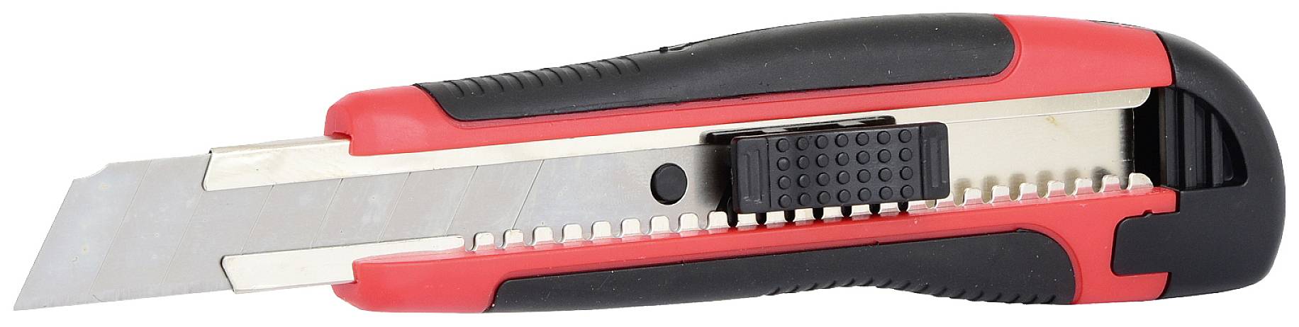 Ein rot-schwarzes, ausziehbares Cuttermesser mit einer silbernen Klinge und einem schwarzen Griff.