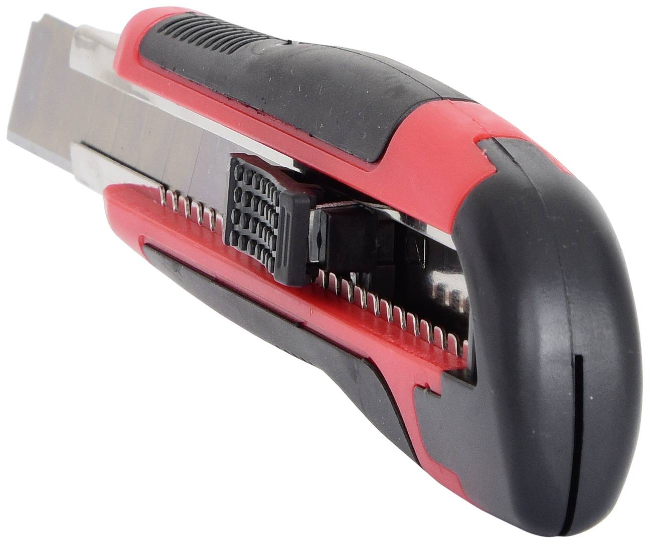 Ein rotes und schwarzes Universalmesser mit ausfahrbarer, einstellbarer Klinge und ergonomischem Griff.