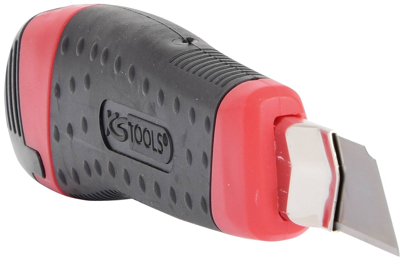 Handliches, rot-schwarzes Schneidwerkzeug mit stabiler, rutschfester Griffstruktur und scharfer Klinge, geeignet für präzise Schneidearbeiten.