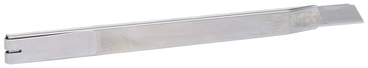 Silberner Entnahme- oder Werkzeugstab mit einem flachen Ende und einem u-förmigen Haken am anderen Ende, auf weißem Hintergrund.