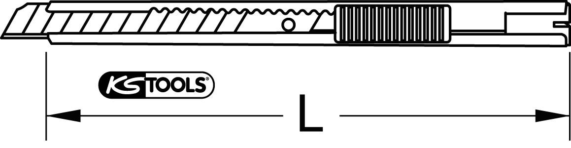 Illustration eines Cuttermessers mit 'KS TOOLS' Logo und Pfeil, der die Länge 'L' des Messers anzeigt.