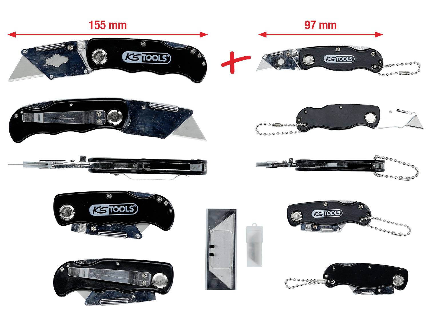 'KS Tools' Universalmesser mit Klinge und Kettenschlüsselanhänger. Geöffneter und geschlossener Zustand sowie Ersatzklinge sichtbar.