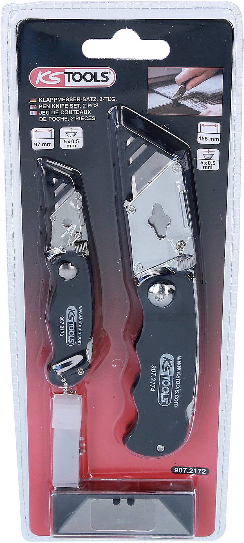 'KS Tools Klappmesser-Set, 2-teilig.' Zwei zusammenklappbare Cutter-Messer in schwarzer und silberner Farbe auf einer Blisterverpackung.