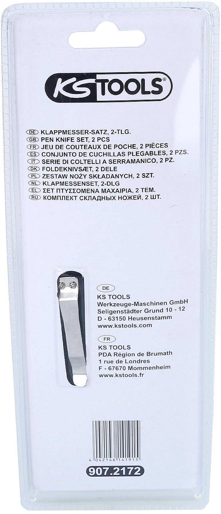 Verpackung eines 2-teiligen Klappmessersatzes von KS Tools, Artikelnummer 907.2172. Adresse und Kontaktdaten des Herstellers angegeben.