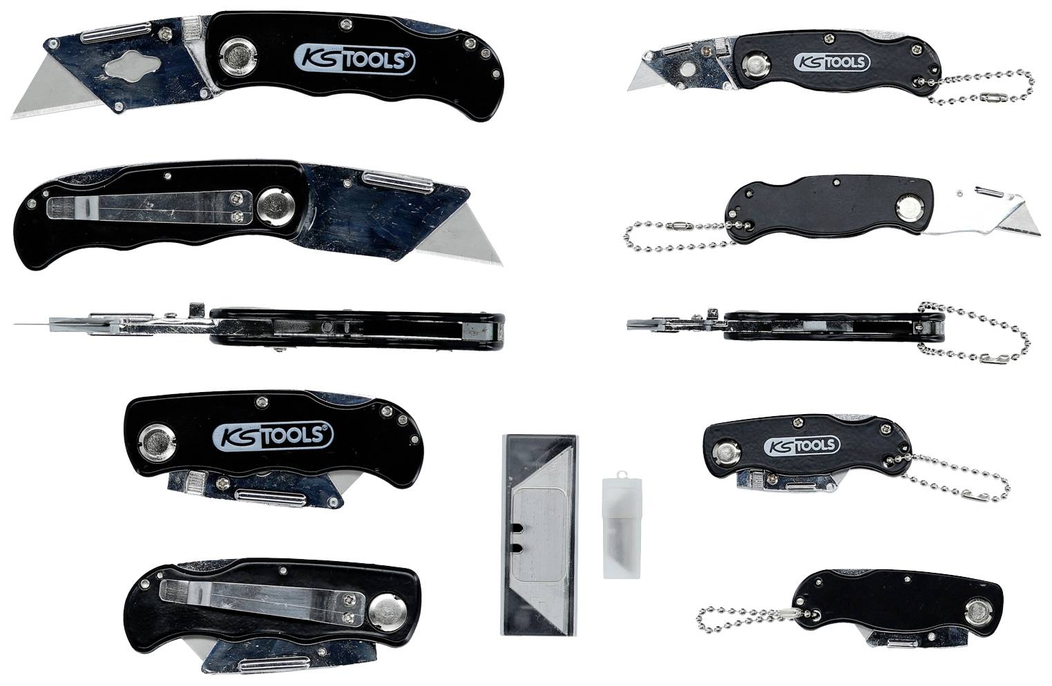 'KS Tools'-Taschenmesser mit mehreren Ansichten, zeigt ausgeklapptes und geschlossenes Design. Verfügt über Klinge und Werkzeugkette.