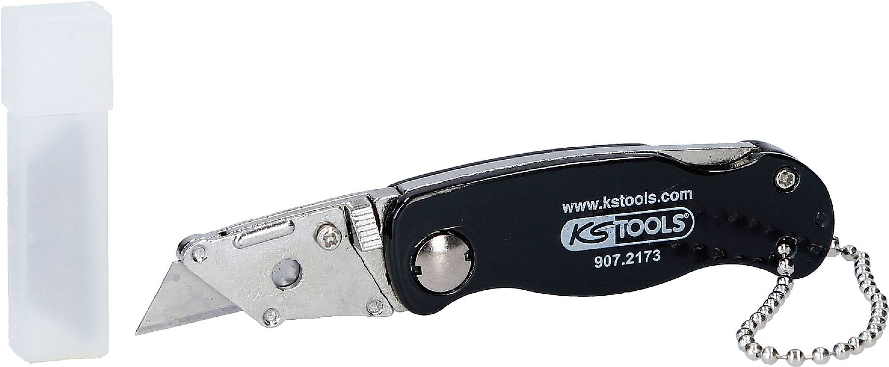 Taschenmesser mit Wechselklinge von KS Tools und Kettenanhänger, daneben eine Kunststoffbox für Ersatzklingen.