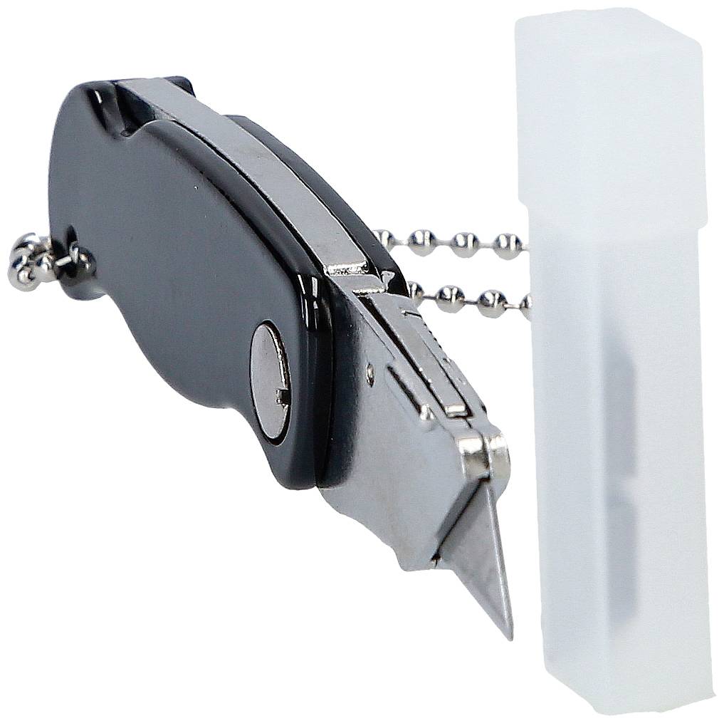 Kompaktes und tragbares Taschenmesser mit Kette, neben einem durchsichtigen Kunststoffgehäuse. Geeignet für Reisen.