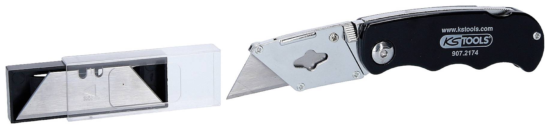 Ein Klappmesser von KS Tools mit schwarzem Griff und Ersatzklingen im durchsichtigen Kunststoffgehäuse.