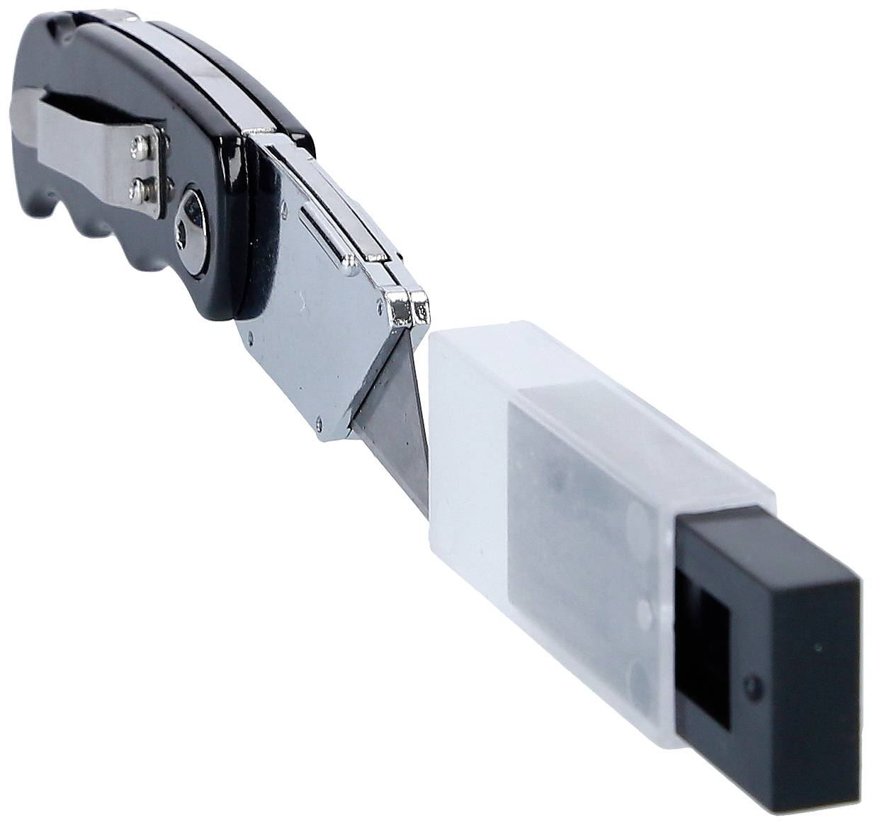 Messer mit Klappklinge und integrierter Schutzhülle, auf einer weißen Oberfläche liegend.