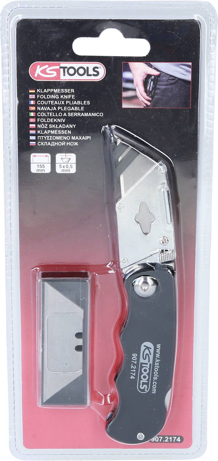 Verpackung eines Klappmessers der Marke KS Tools mit Ersatzklingen. Das Bild zeigt das Messer in geschlossenem Zustand.