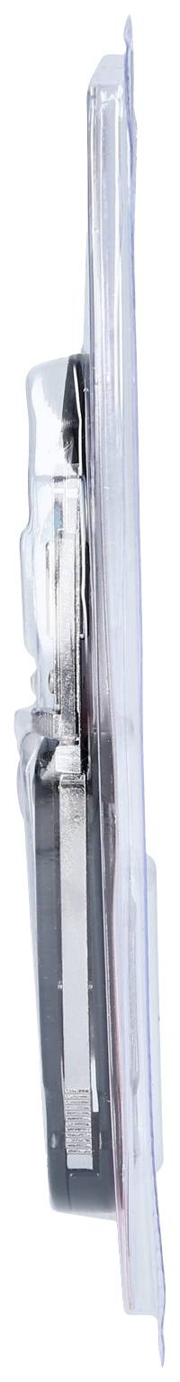 Seitenansicht eines eingepackten Produkts in Blisterverpackung, zeigt Details der Verpackungsdicke und -form.