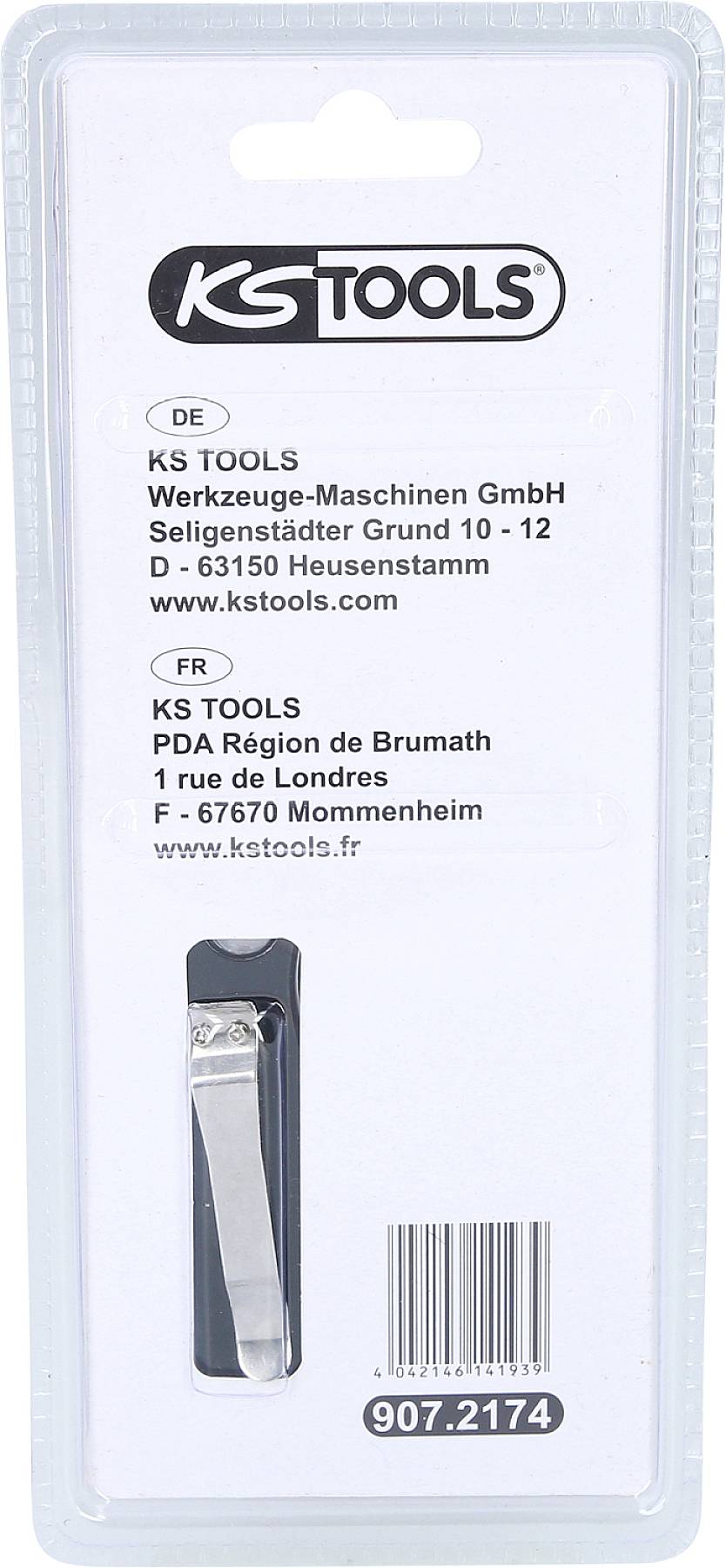 Verpackung mit einer silbernen Nagelknipser. Markenname 'KS Tools' und Unternehmensinformation sind aufgedruckt.