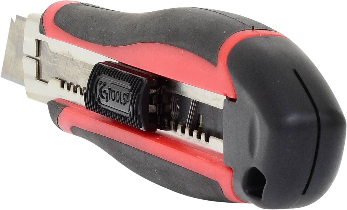 Ein rotes und schwarzes Cuttermesser mit ausfahrbarer Klinge und Sicherheitsarretierung, hauptsächlich zur Schneidarbeit verwendet.